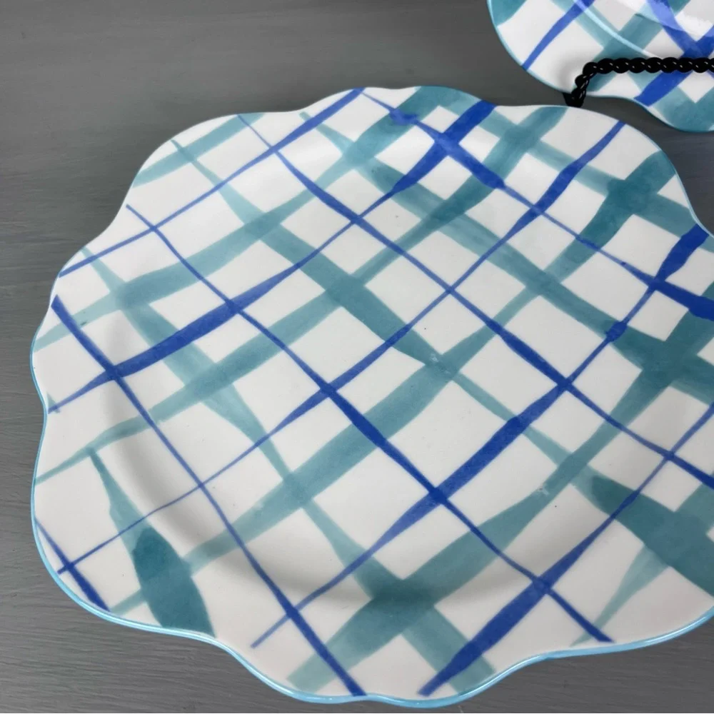 3 Bonjour ANTHROPOLOGIE HILDE Plaid White Blue Scallop Dinner Plate Cottagecore